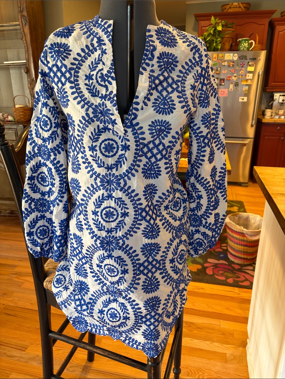Connie Roberson White Mini Dress with Blue Embroidery - XS